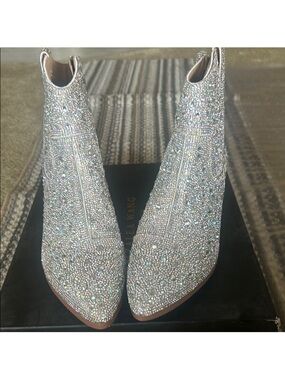 Rhinestone Embellished Silver Ankle Booties - Women